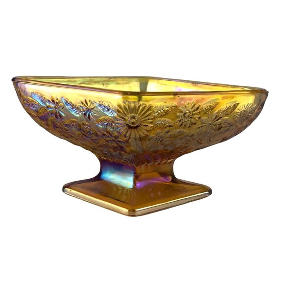 Vintage Iridescent Gold Carnival Glass Diamond Shaped Footed Candy Dish Floral - Picture 1 of 16
